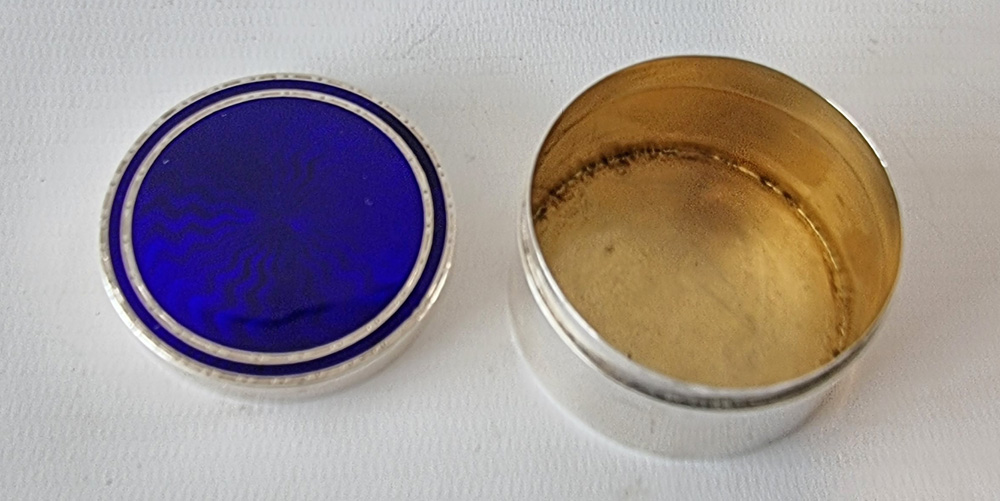Art Deco silver and blue guilloche enamel pill box