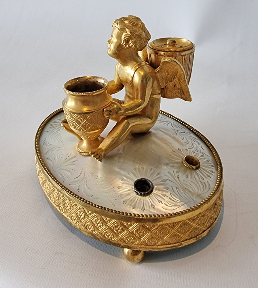 Antique Palais Royal mother of pearl and ormolu Cupid inkwell