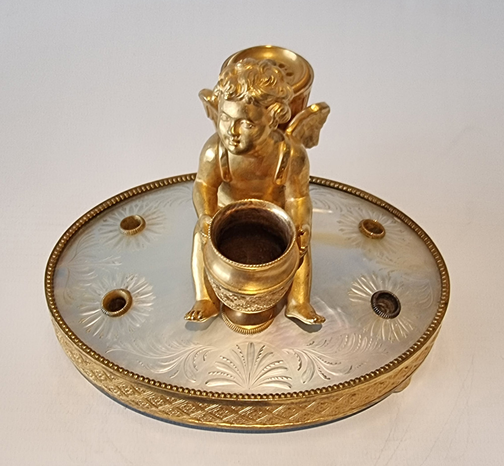 Antique Palais Royal mother of pearl and ormolu Cupid inkwell