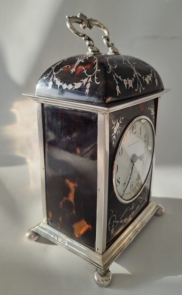 English dome topped tortoiseshell & silver piquet striking carriage clock by William Comyns & Sons