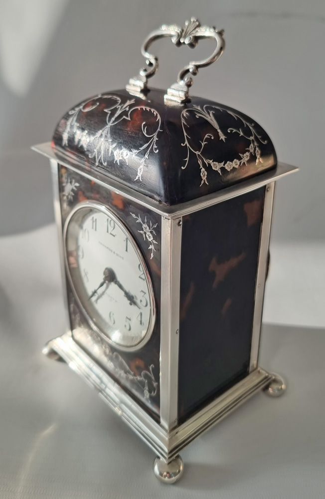 English dome topped tortoiseshell & silver piquet striking carriage clock by William Comyns & Sons