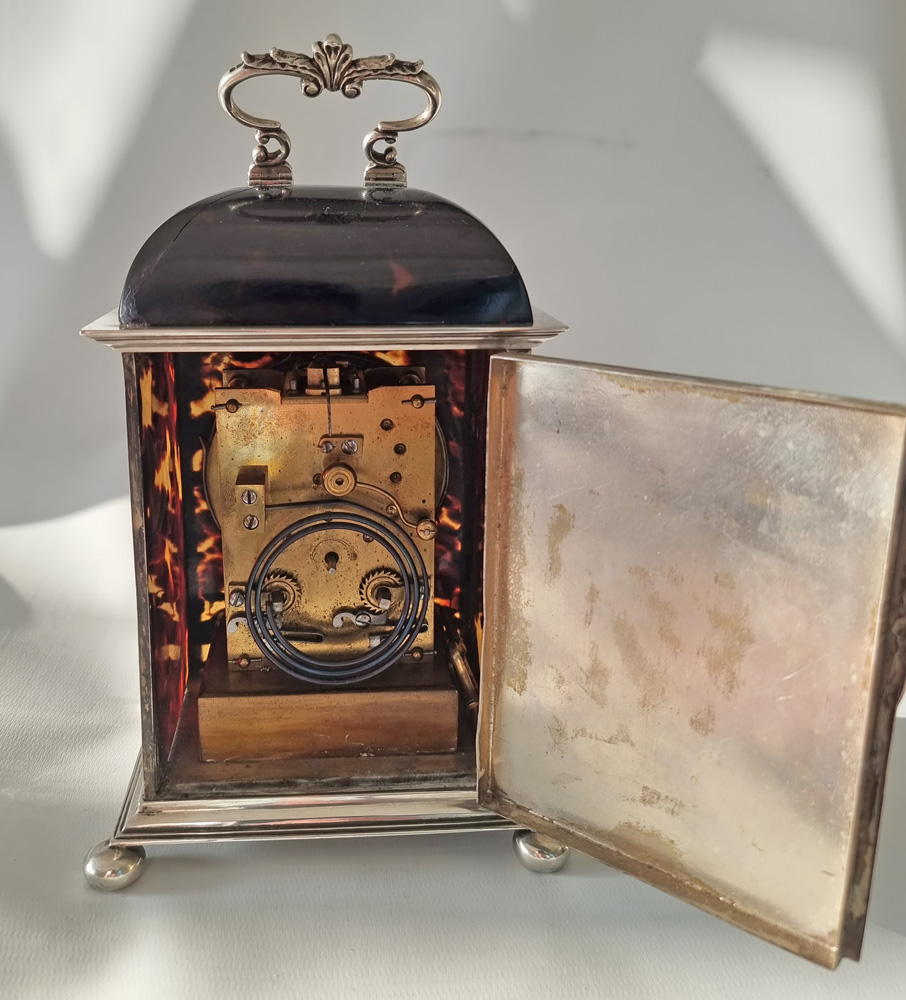 English dome topped tortoiseshell & silver piquet striking carriage clock by William Comyns & Sons