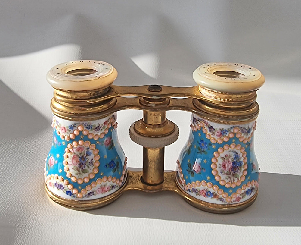Antique French enamel, brass and mother of pearl Opera Glasses in original case