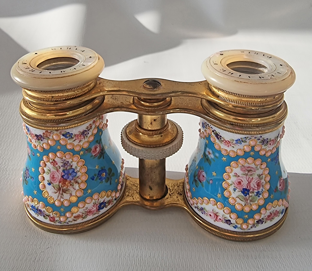 Antique French enamel, brass and mother of pearl Opera Glasses in original case