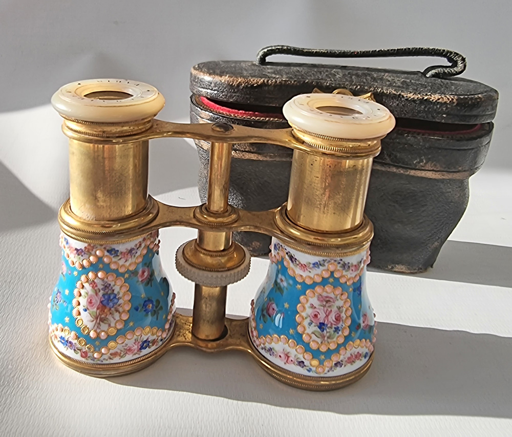 Antique French enamel, brass and mother of pearl Opera Glasses in original case