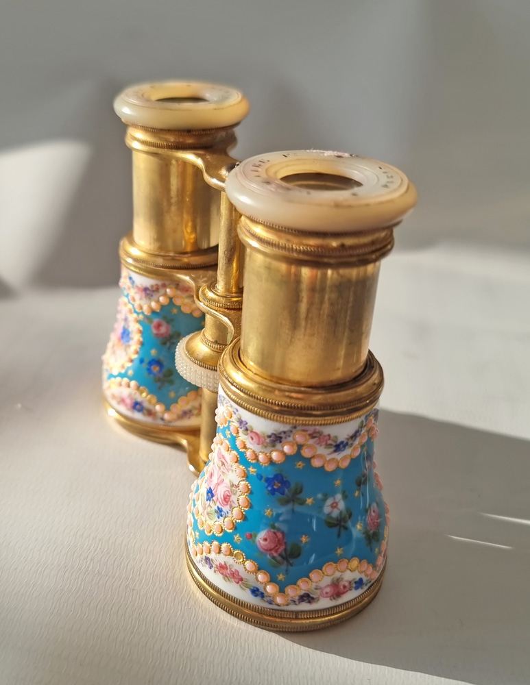 Antique French enamel, brass and mother of pearl Opera Glasses in original case