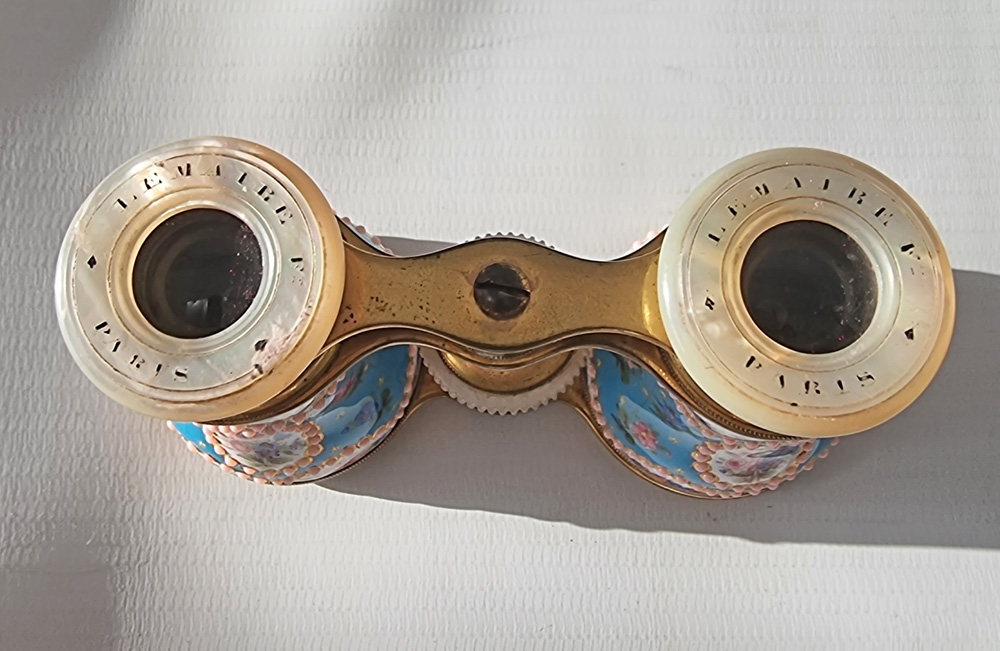 Antique French enamel, brass and mother of pearl Opera Glasses in original case