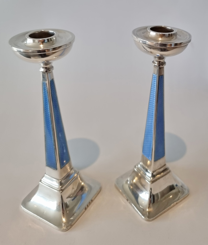 Art Deco Silver and Blue Guilloche enamel Candlesticks by Goldsmiths & Silversmiths Co.