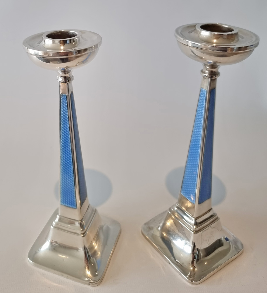 Art Deco Silver and Blue Guilloche enamel Candlesticks by Goldsmiths & Silversmiths Co.