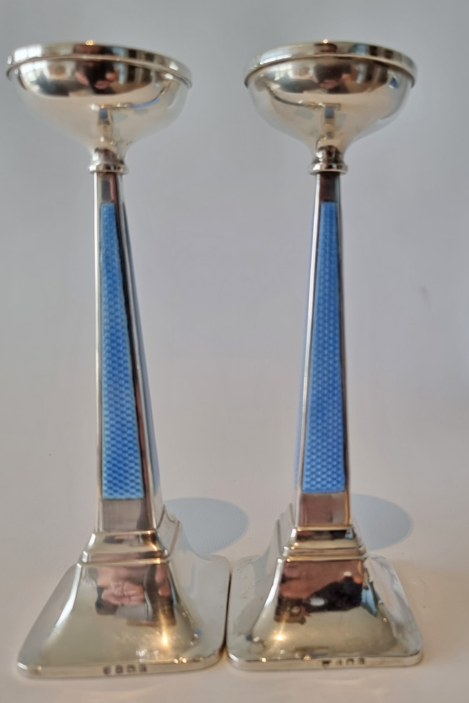 Art Deco Silver and Blue Guilloche enamel Candlesticks by Goldsmiths & Silversmiths Co.