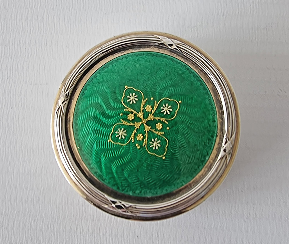 Silver and Green Guilloche Enamel Pill Box