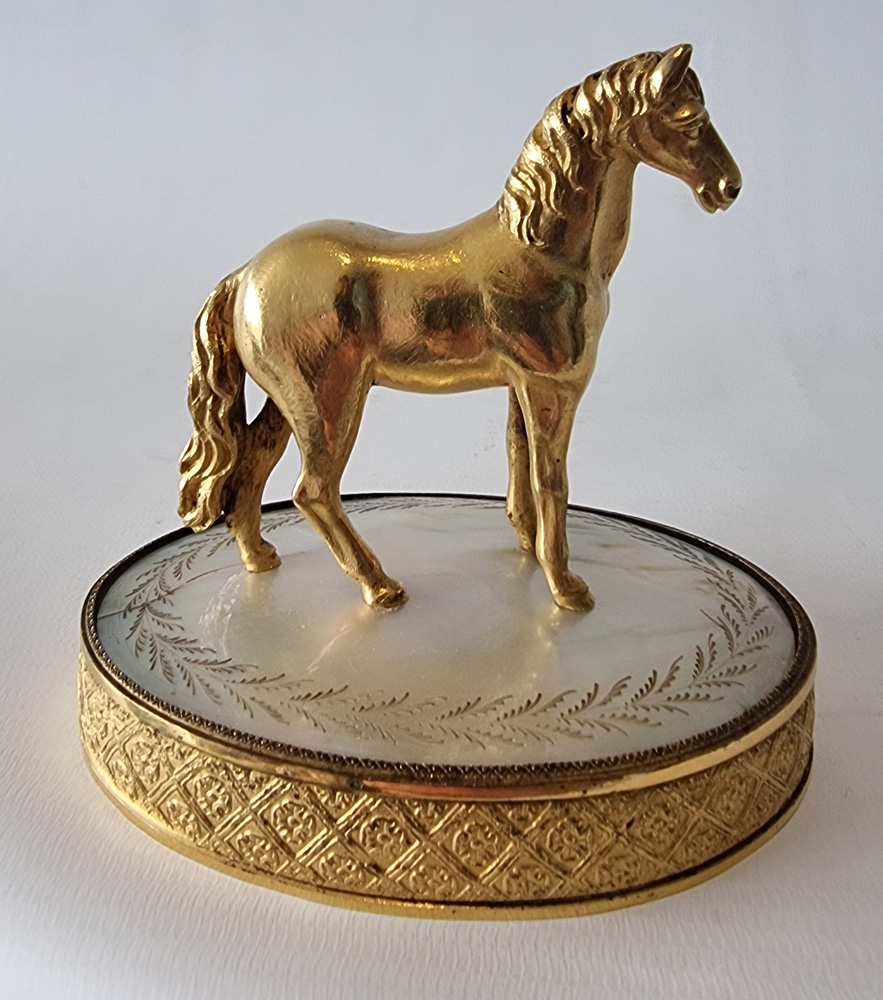 A Charles X Palais Royal Ormolu and Mother of Pearl Equestrian Statue or Paperweight