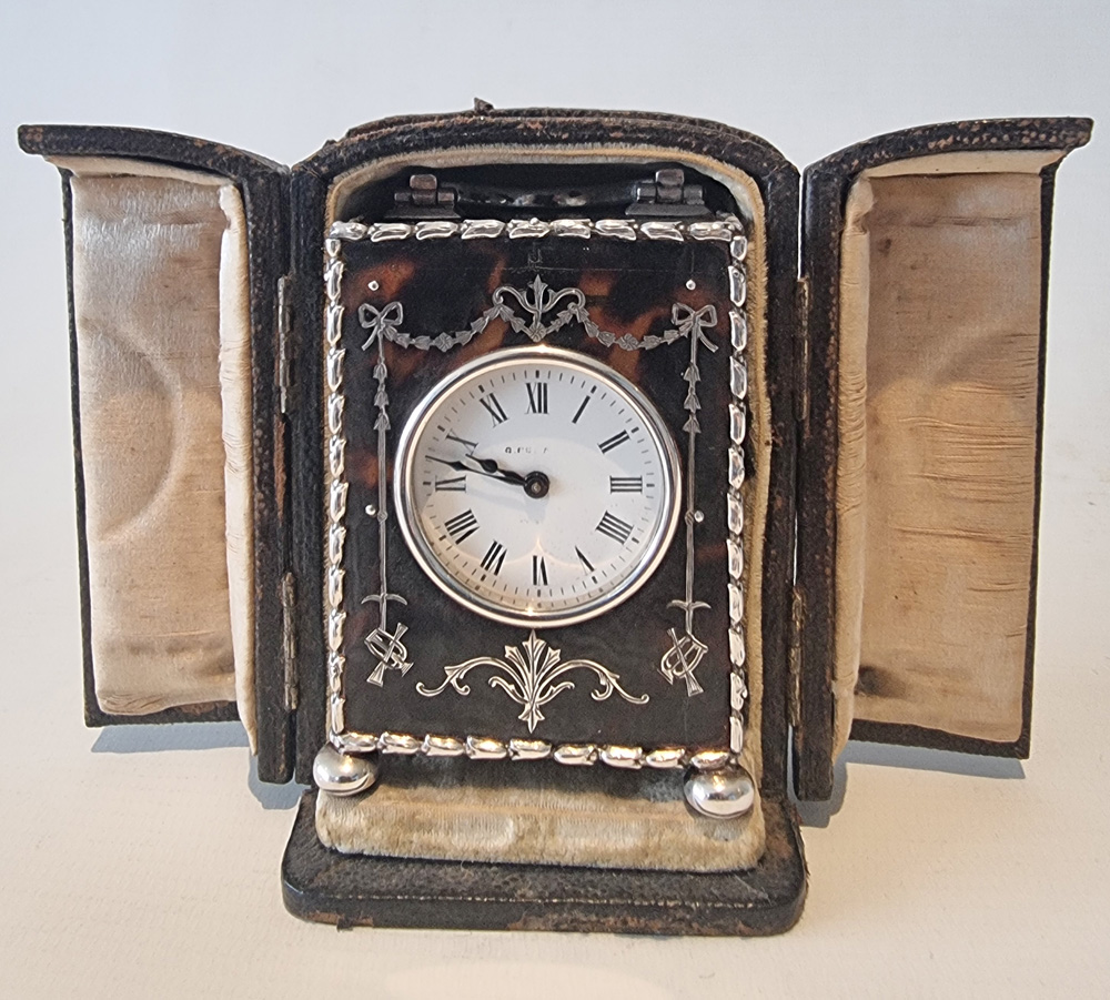 Miniature Silver Piquet and Tortoiseshell Carriage Clock by William Comyns