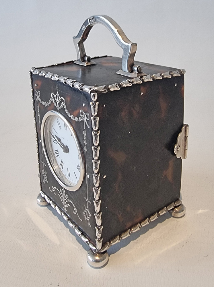 Miniature Silver Piquet and Tortoiseshell Carriage Clock by William Comyns
