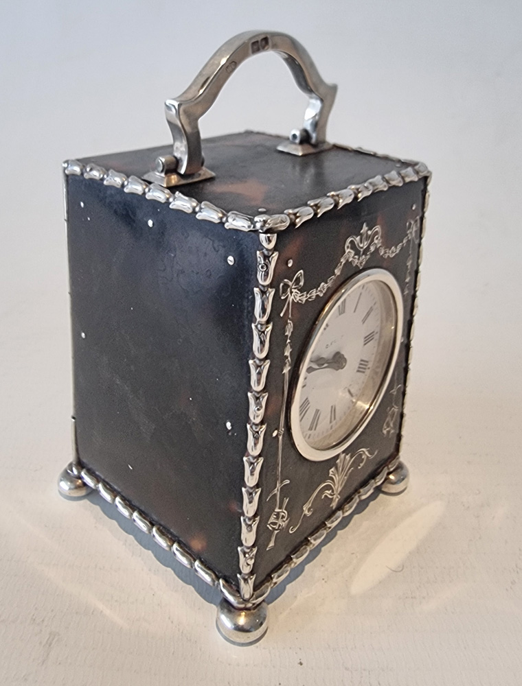 Miniature Silver Piquet and Tortoiseshell Carriage Clock by William Comyns