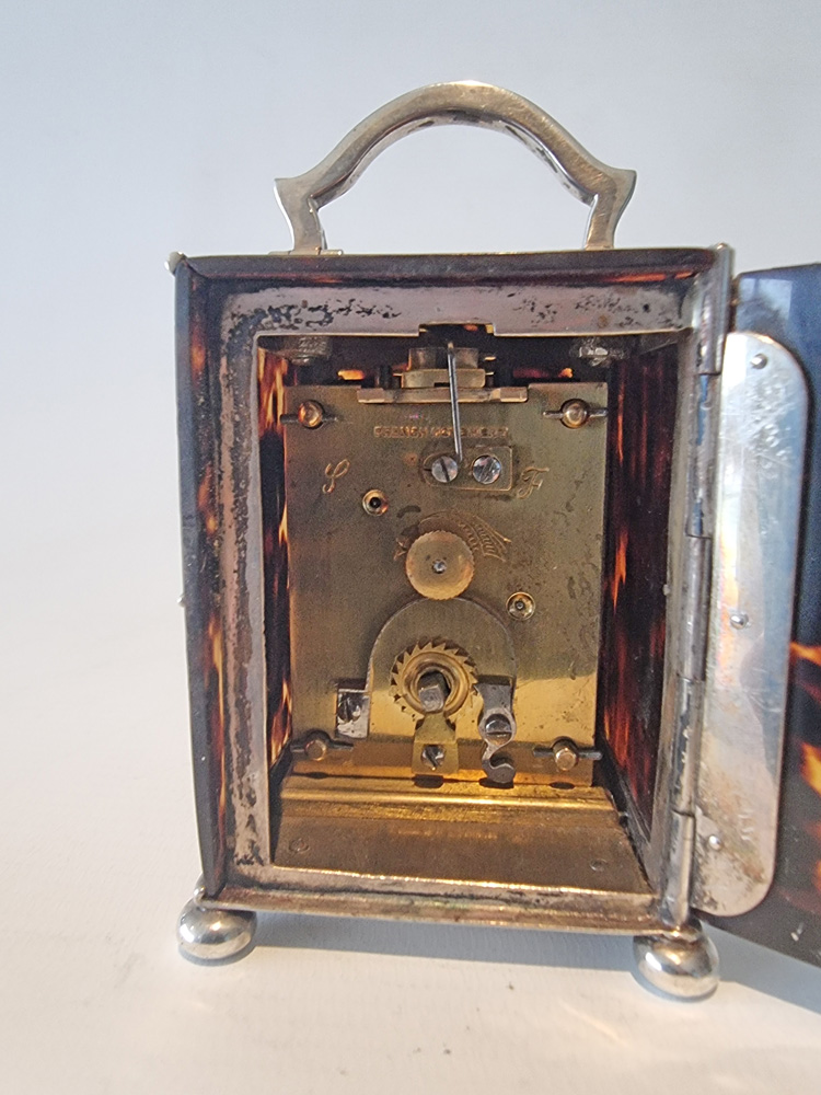Miniature Silver Piquet and Tortoiseshell Carriage Clock by William Comyns