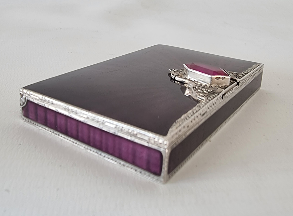 Silver and Purple Guilloche enamel Snuff or Card box by George Stockwell & Co.