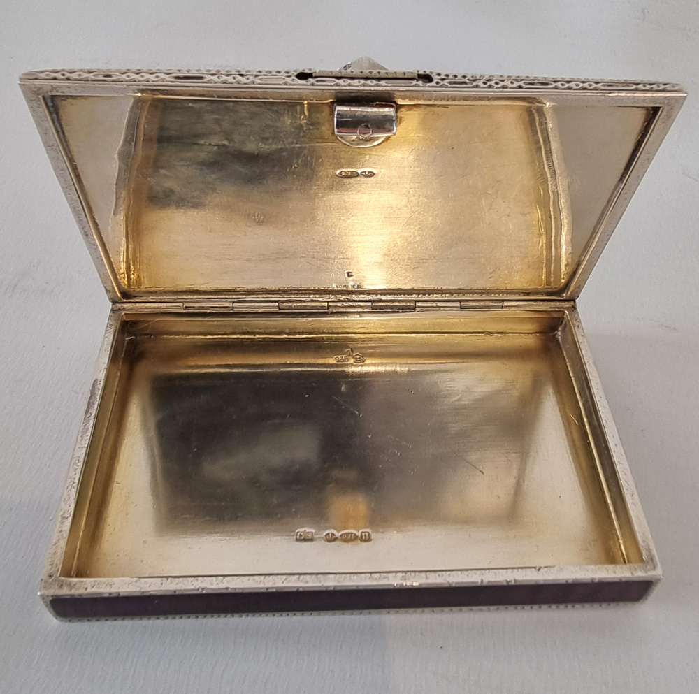 Silver and Purple Guilloche enamel Snuff or Card box by George Stockwell & Co.