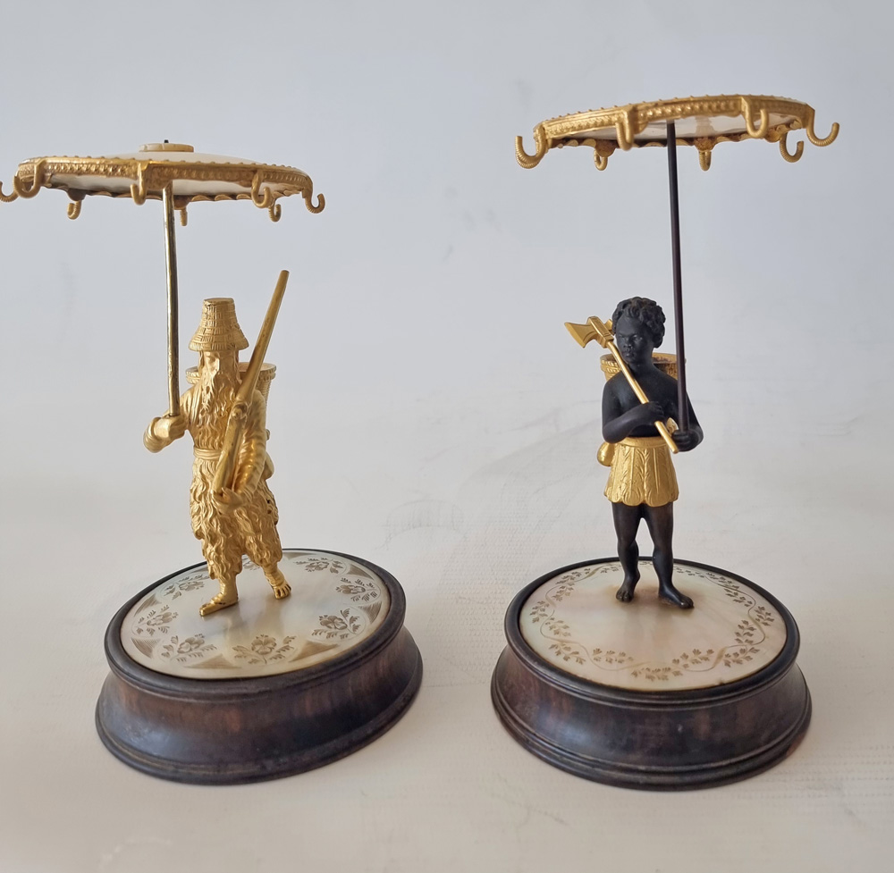 Pair of Palais Royal Mother of Pearl Ring Stands Depicting Robinson Crusoe and Man Friday