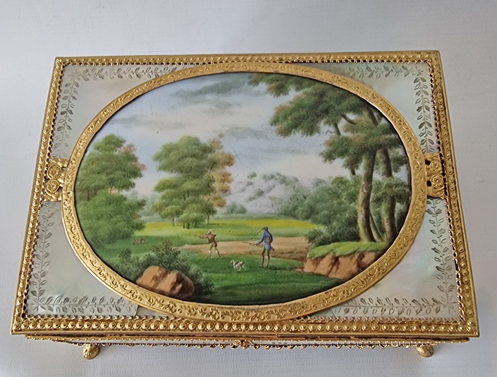 Palais Royal Mother of Pearl, Ormolu and Painted Porcelain Jewellery Box