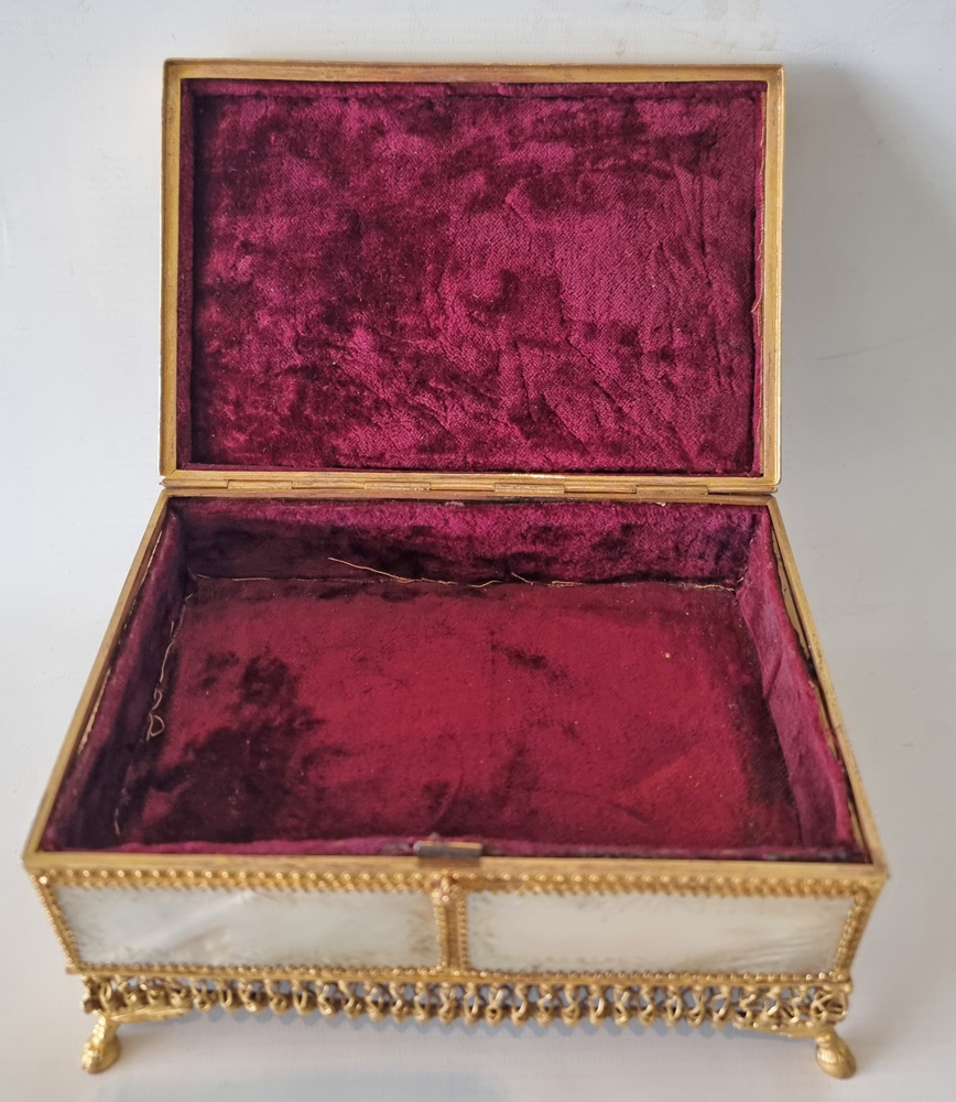 Palais Royal Mother of Pearl, Ormolu and Painted Porcelain Jewellery Box