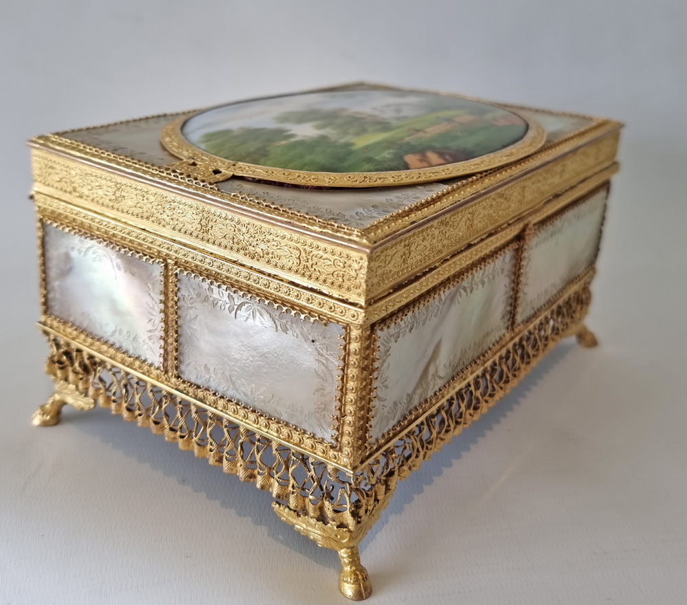 Palais Royal Mother of Pearl, Ormolu and Painted Porcelain Jewellery Box