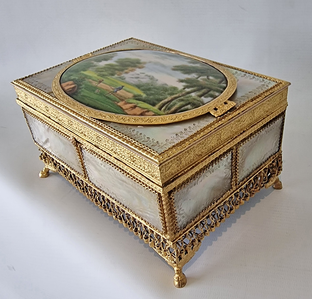 Palais Royal Mother of Pearl, Ormolu and Painted Porcelain Jewellery Box