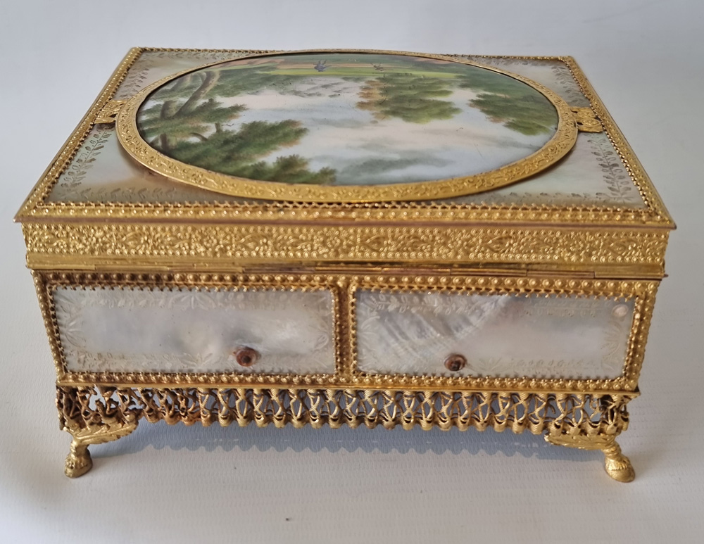 Palais Royal Mother of Pearl, Ormolu and Painted Porcelain Jewellery Box