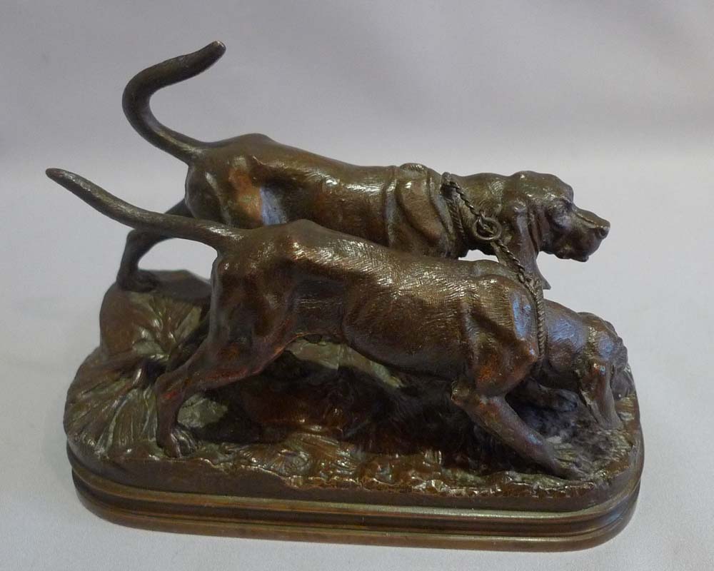 Animalier bronze of a pair of bronze hunting dogs signed A Dubucand.