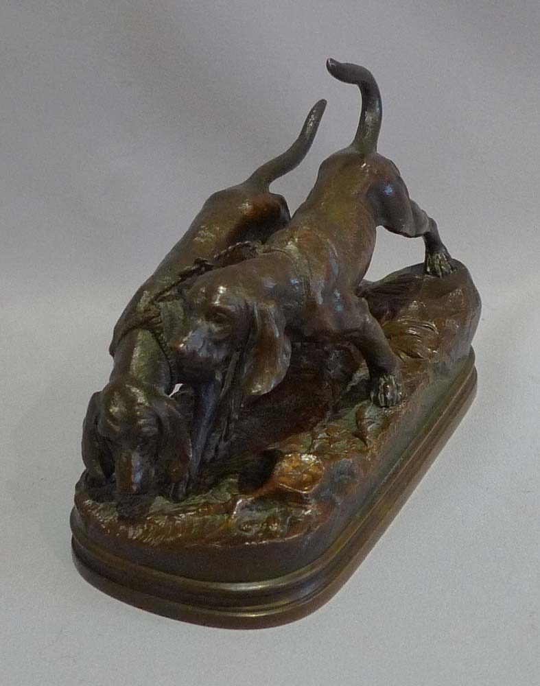 Animalier bronze of a pair of bronze hunting dogs signed A Dubucand.