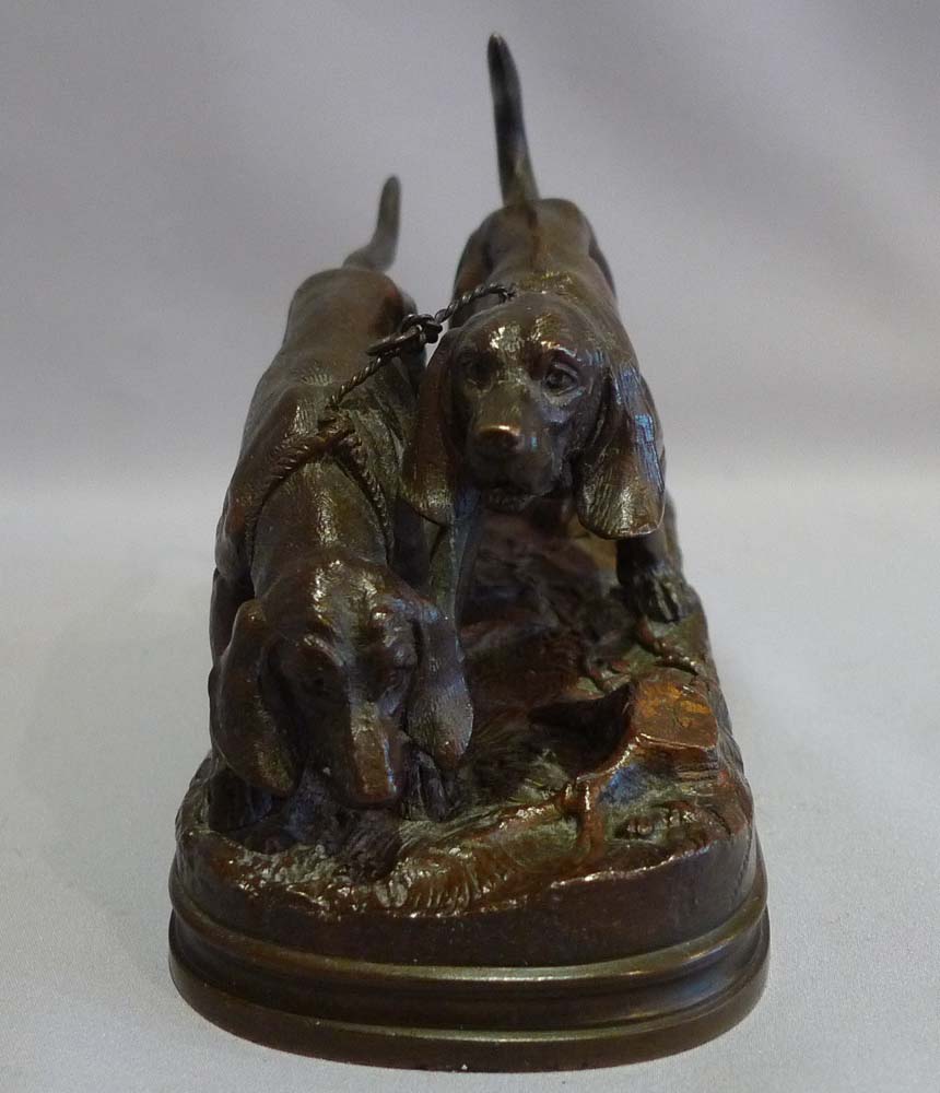 Animalier bronze of a pair of bronze hunting dogs signed A Dubucand.