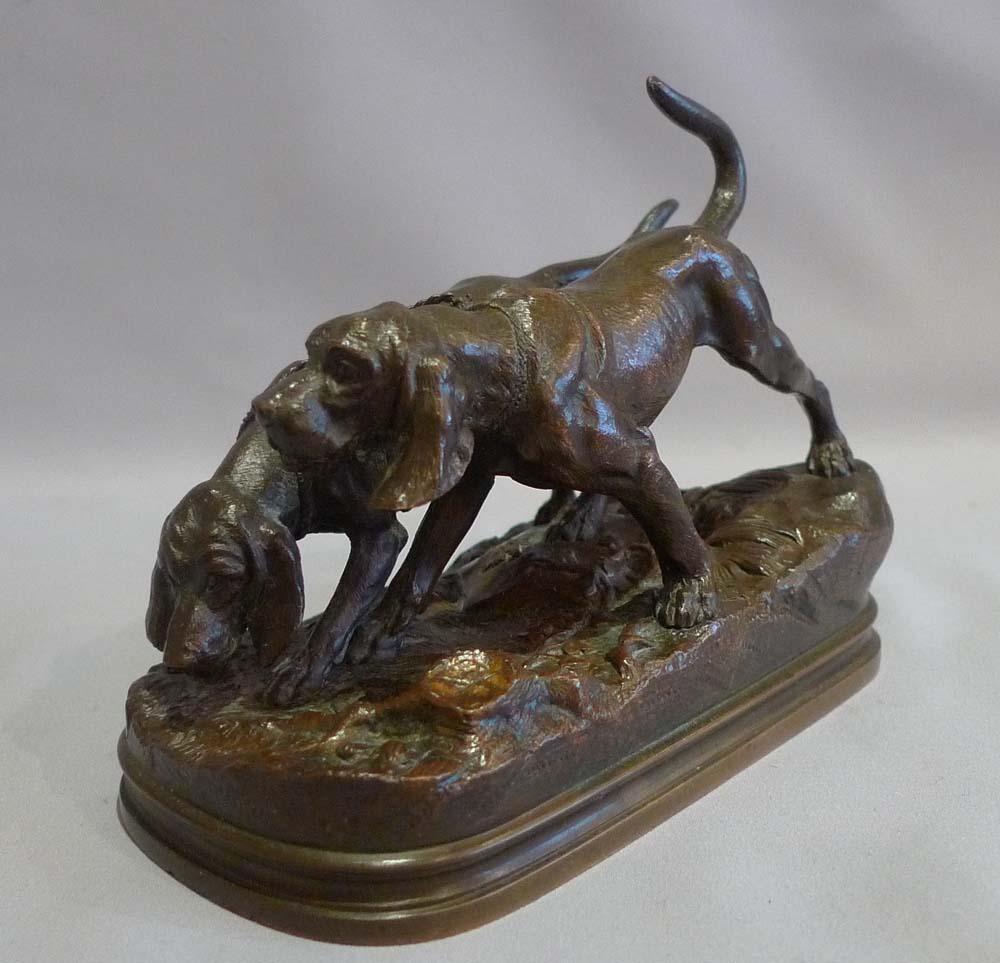 Animalier bronze of a pair of bronze hunting dogs signed A Dubucand.