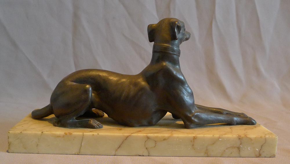 Antique Italian bronze greyhound on marble base.