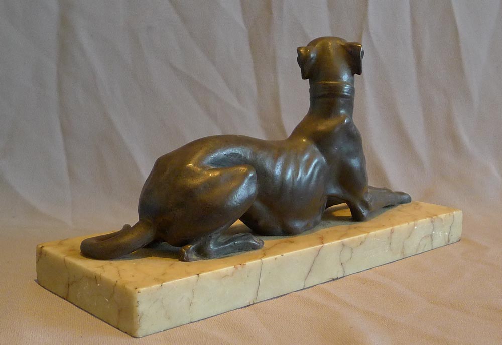 Antique Italian bronze greyhound on marble base.