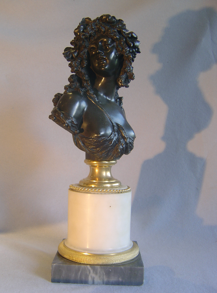 French antique bronze bust of lady on marble base after Joseph Marin.
