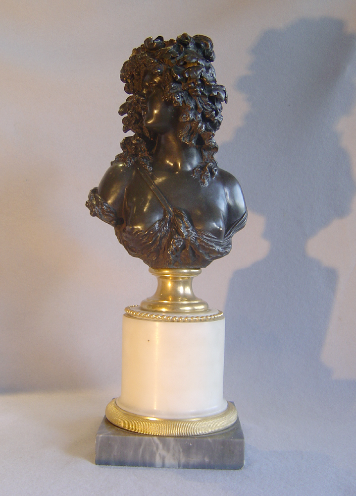 French antique bronze bust of lady on marble base after Joseph Marin.