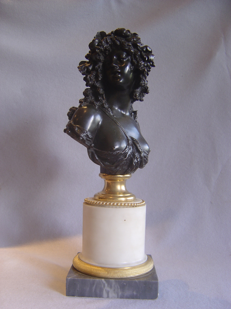 French antique bronze bust of lady on marble base after Joseph Marin.