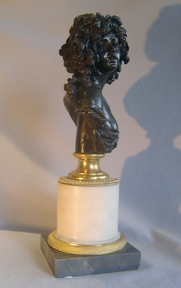 French antique bronze bust of lady on marble base after Joseph Marin.