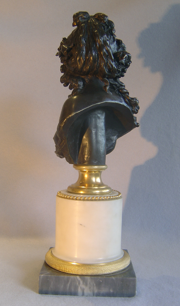 French antique bronze bust of lady on marble base after Joseph Marin.