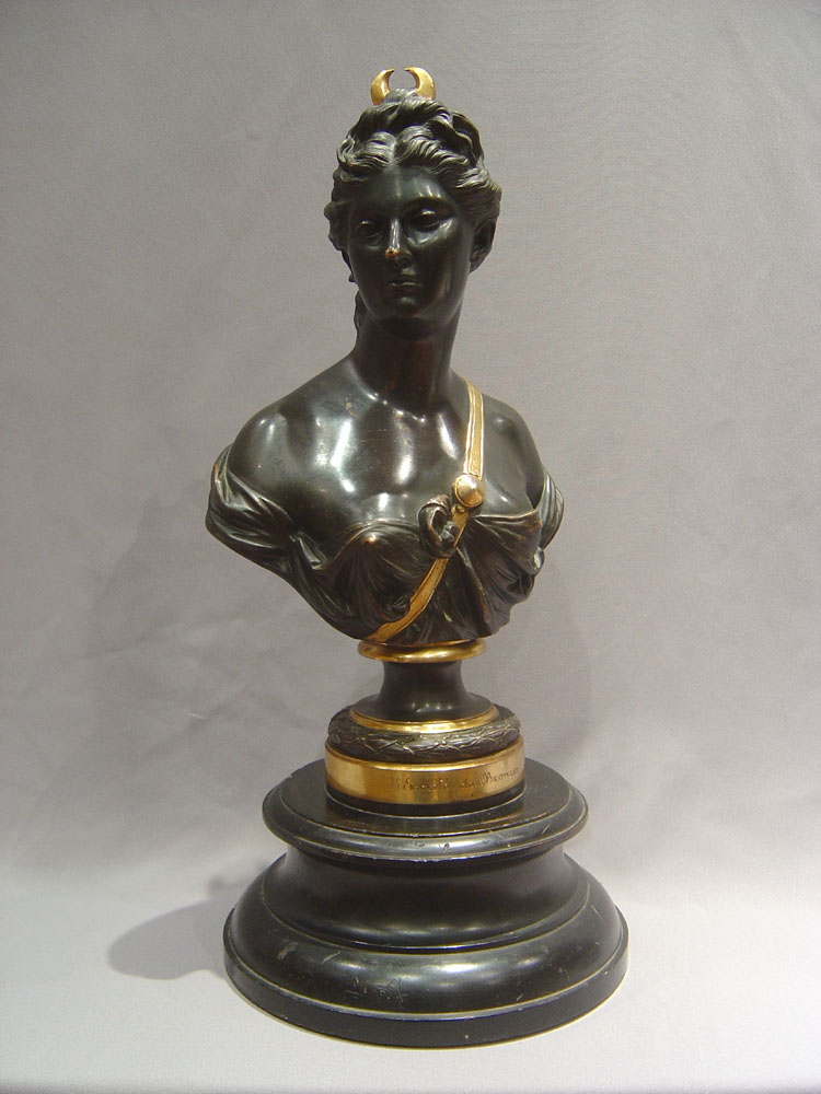 Antique patinated and parcel gilt bronze of Diana after Houdon.