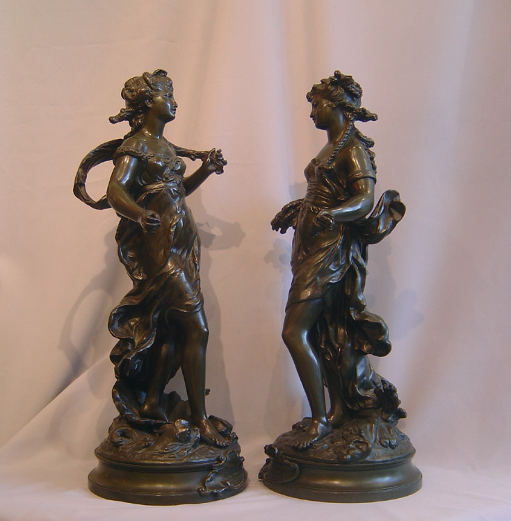 Pair Auguste Moreau patinated bronze figures of Greek Godesses