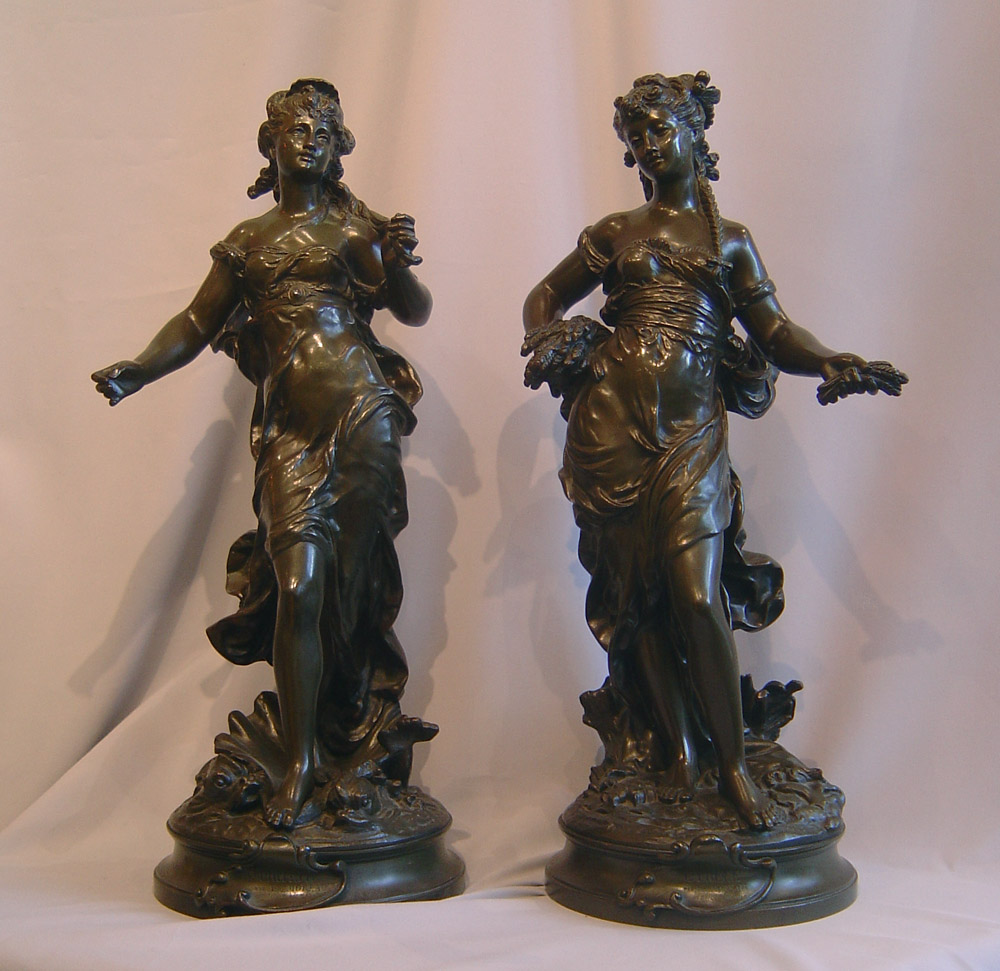Pair Auguste Moreau patinated bronze figures of Greek Godesses