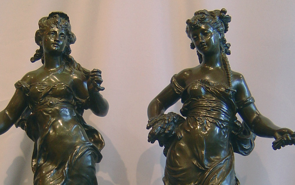 Pair Auguste Moreau patinated bronze figures of Greek Godesses