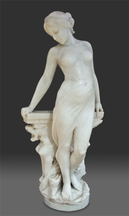 Fine ltalian late 19th century Romantic marble of young girl leaning against a bench.