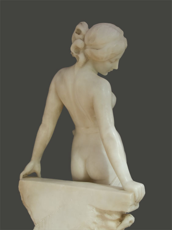 Fine ltalian late 19th century Romantic marble of young girl leaning against a bench.