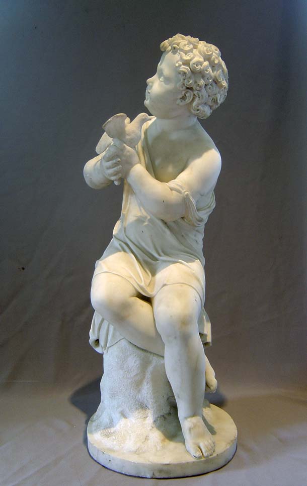 Antique marble sculpture of child with dove signed J. Gott FT, English.