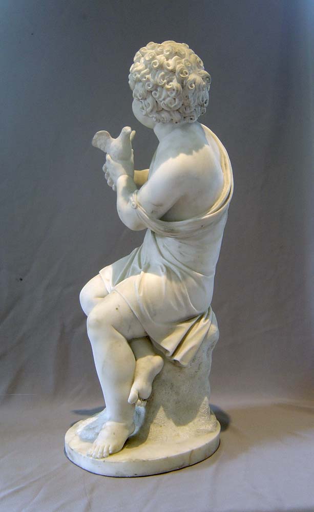 Antique marble sculpture of child with dove signed J. Gott FT, English.