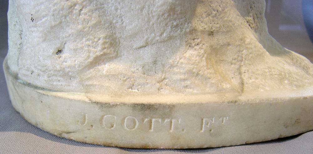 Antique marble sculpture of child with dove signed J. Gott FT, English.