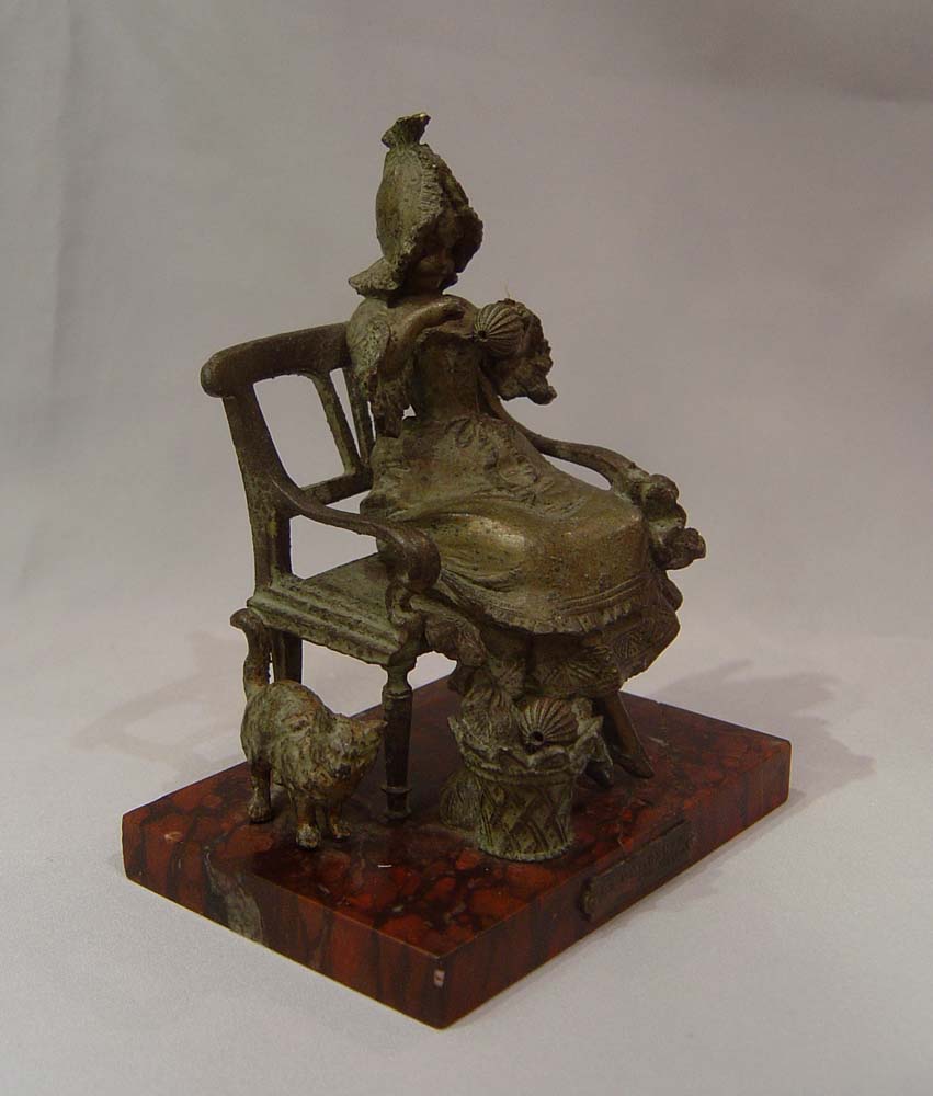Antique Austrian bronze of girl in a chair, La Devideuse par Maxim.