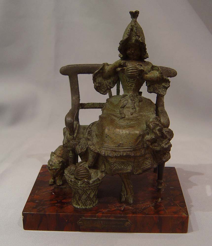 Antique Austrian bronze of girl in a chair, La Devideuse par Maxim.